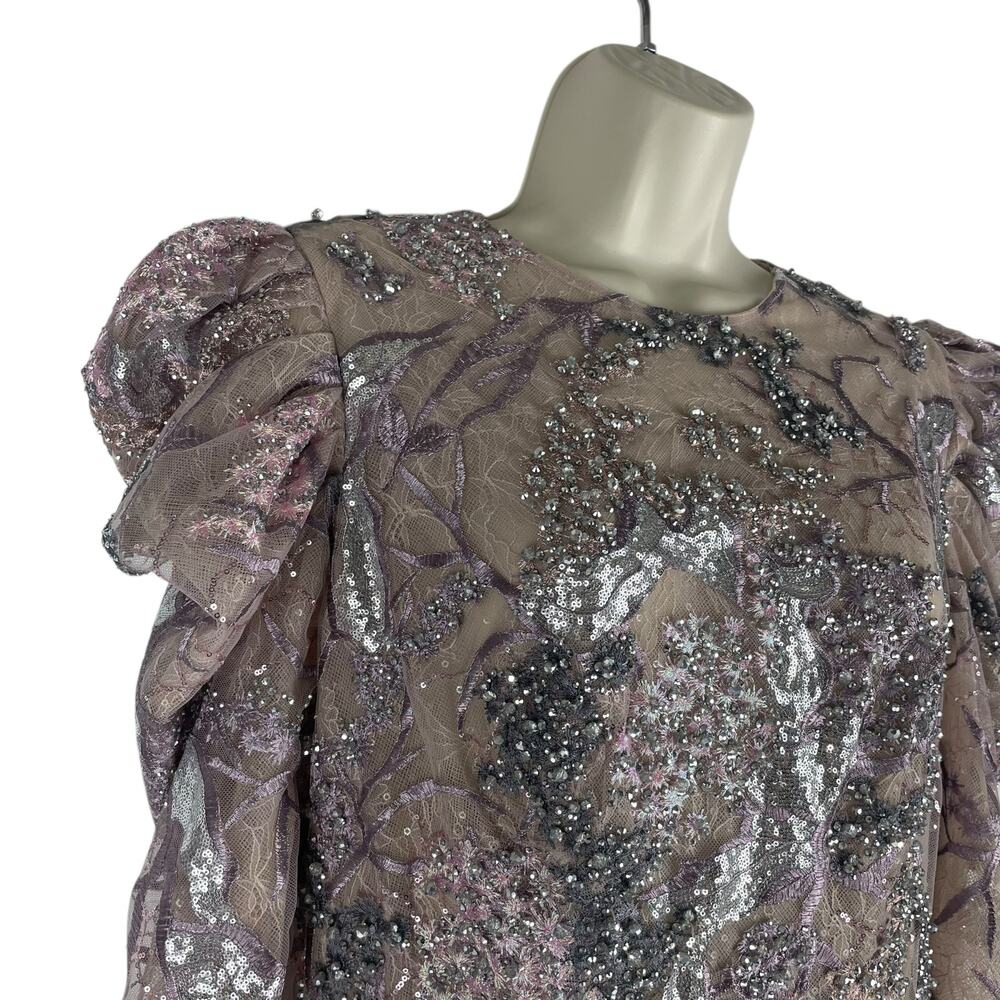 Mac Duggal Embellished High Neck Puff Sleeve A-Line Dress Taupe Size 6 - Picture 8 of 14